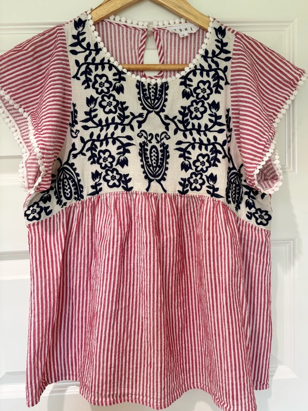 THML Sz S Top Cotton Linen Red White Striped Floral Embroidered Boho Cottagecore - Picture 1 of 10